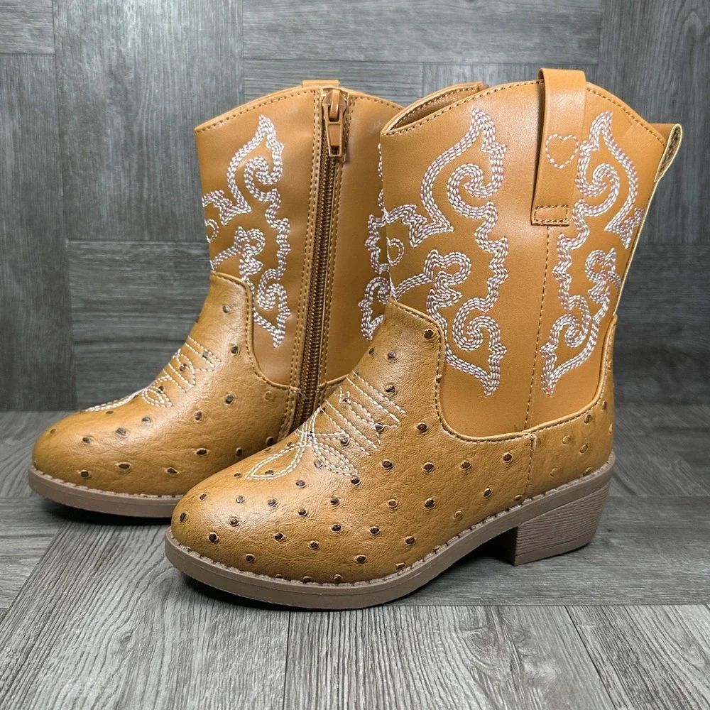 Pawz Western Boots Kids Size 10 Brown Ostrich Print Embroidered Zipper NEW